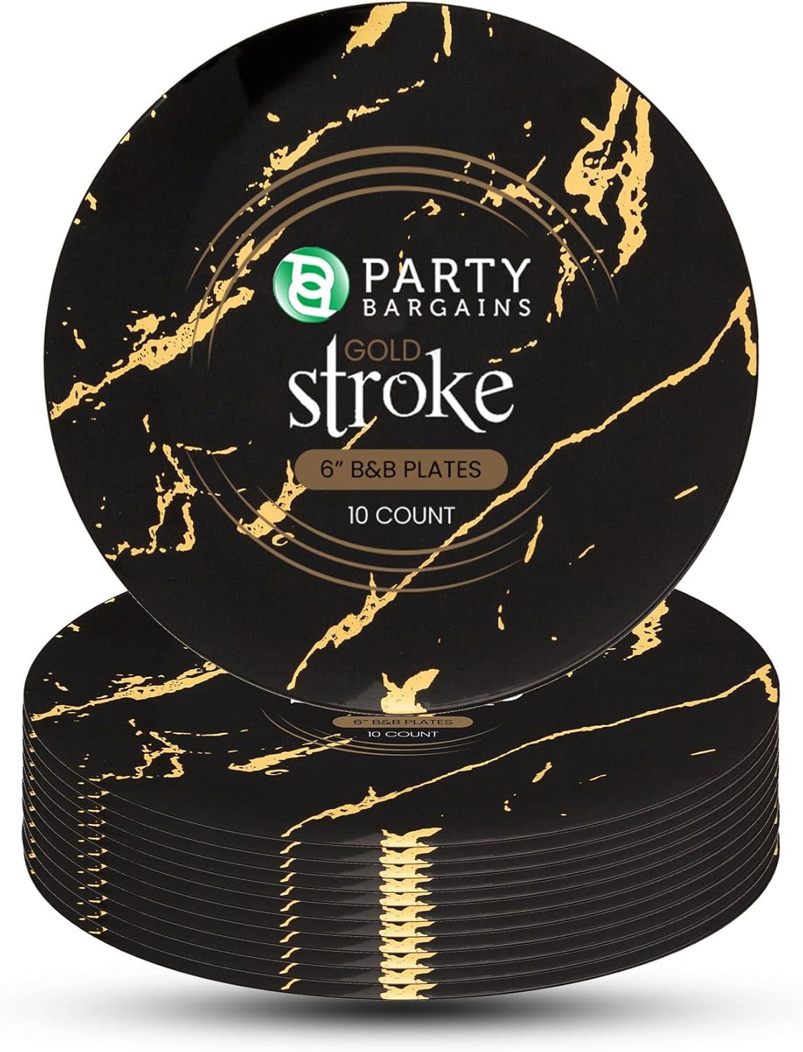 imagePARTY BARGAINS 6 Gold Stroke Collection Disposable Bread n Butter Plates 10 Pack Black Plastic Table Setting Plates Excellent Dinnerware for Banquet Formal Events