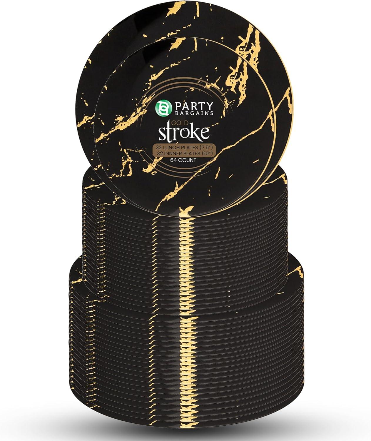 imagePARTY BARGAINS 75 amp 10 Gold Stroke Collection Disposable Lunch amp Dinner Plates Combo 64 Pack Black Plastic Table Setting Plates Excellent Dinnerware for Banquet Formal Events