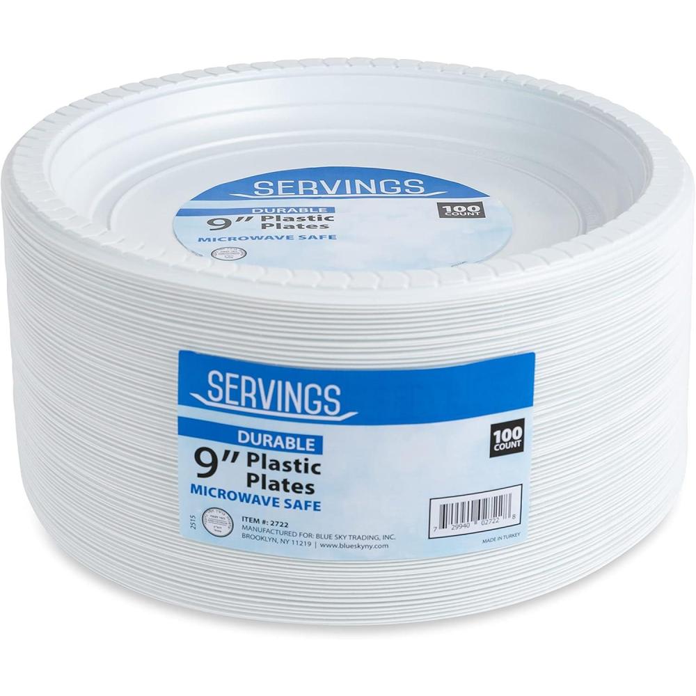 imageBlue Sky 9 Inch White Plastic Plates  100 Count Disposable Plastic Plates Microwave Safe Perfect for Birthday Parties Weddings Banquets Picnics and Everyday Use