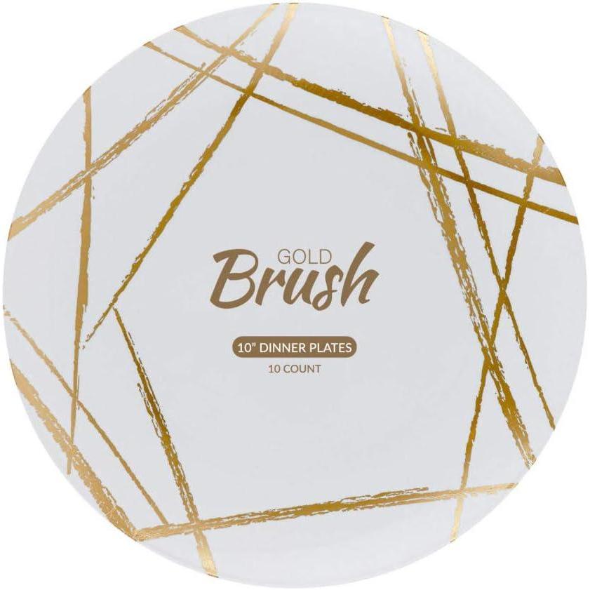 imagePARTY BARGAINS 10 Brush Strokes Collection Dinner Plates 10 Pack White PlateGold Brush Disposable Plastic Tableware Plates for Birthday Parties Banquet Formal Events
