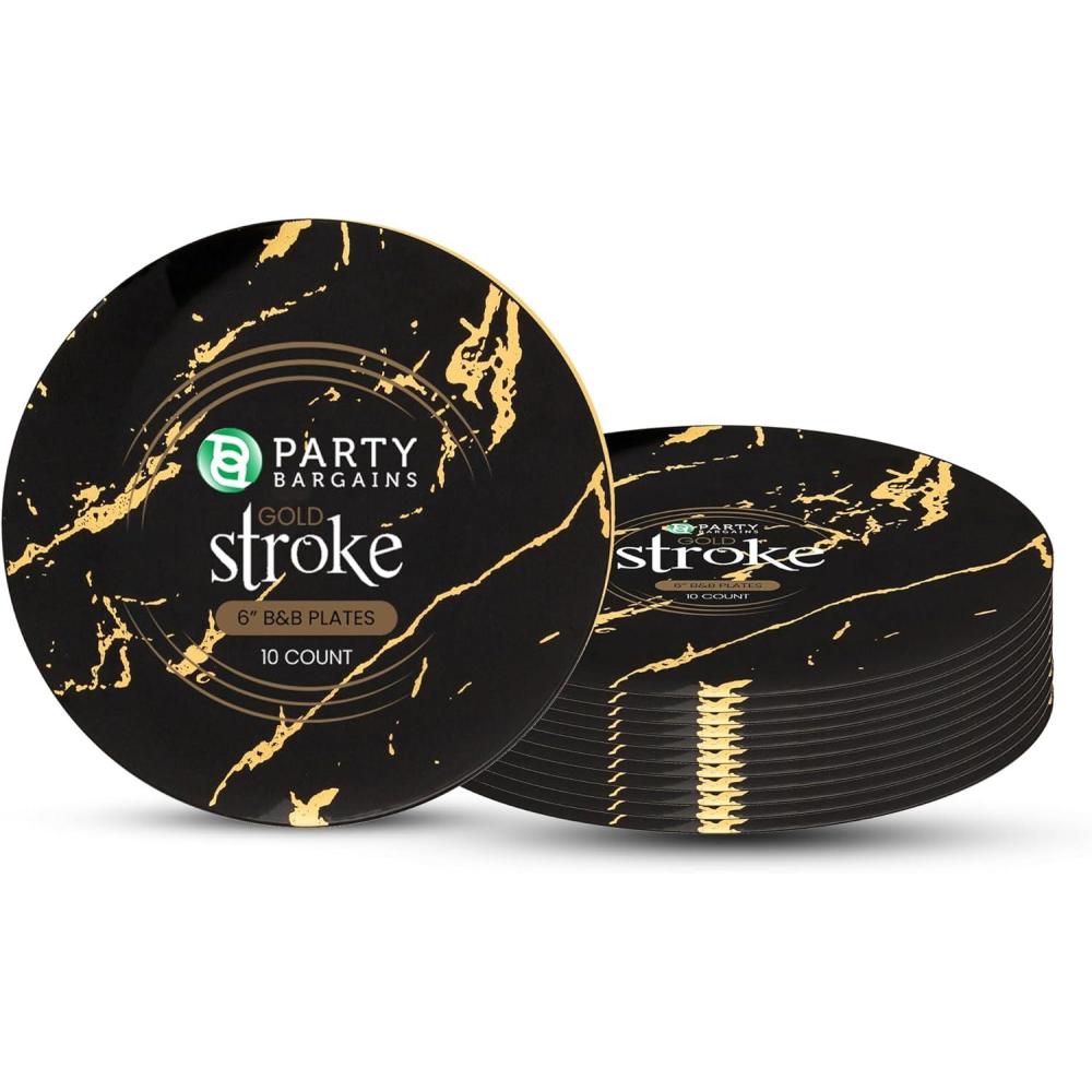 imagePARTY BARGAINS 6 Gold Stroke Collection Disposable Bread n Butter Plates 10 Pack Black Plastic Table Setting Plates Excellent Dinnerware for Banquet Formal Events