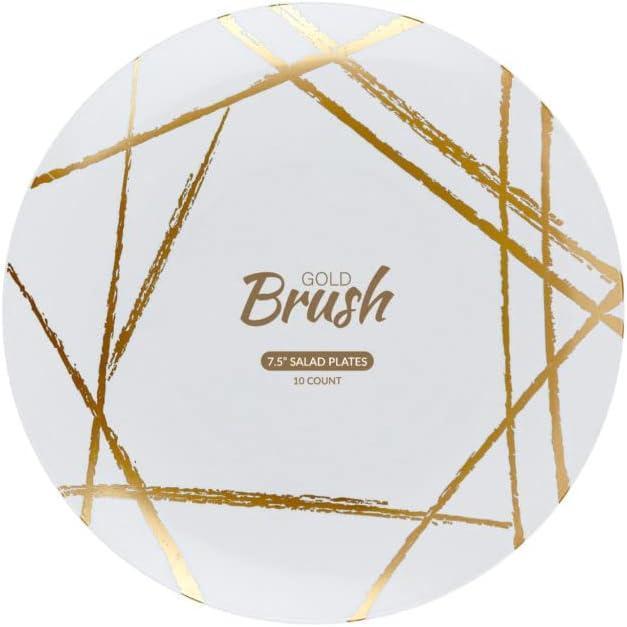 imagePARTY BARGAINS 75 Brush Strokes Collection Salad Plates 10 Pack White PlateGold Brush Disposable Plastic Tableware Plates for Birthday Parties Banquet Formal Events