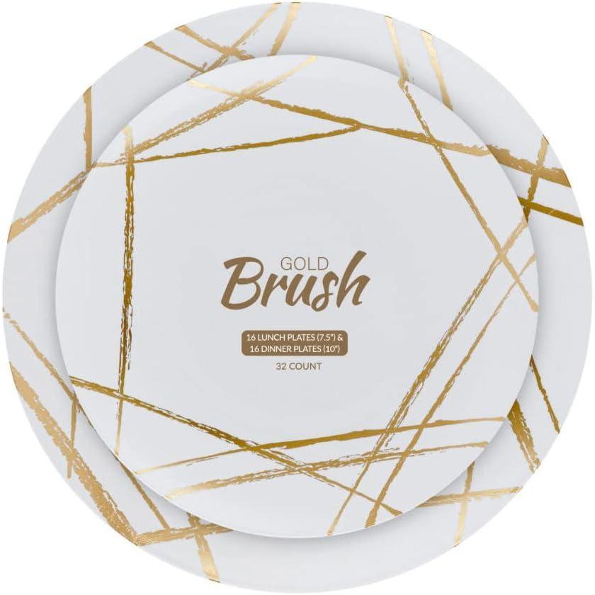 imagePARTY BARGAINS 75 amp 10 Combo Disposable Brush Strokes Collection Salad amp Dinner Plates 64 Pack White PlateGold Brush Plastic Dinnerware Plates Perfect for Banquet Formal Events