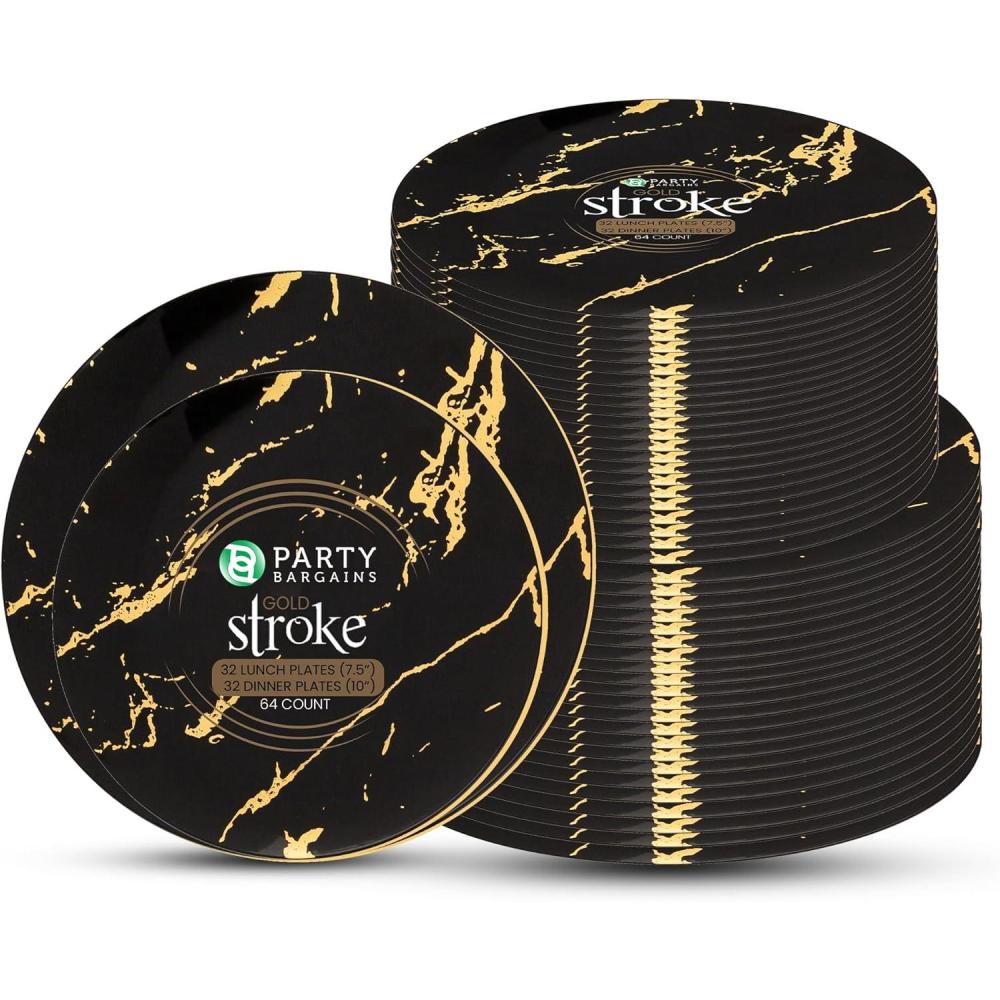 imagePARTY BARGAINS 75 amp 10 Gold Stroke Collection Disposable Lunch amp Dinner Plates Combo 64 Pack Black Plastic Table Setting Plates Excellent Dinnerware for Banquet Formal Events
