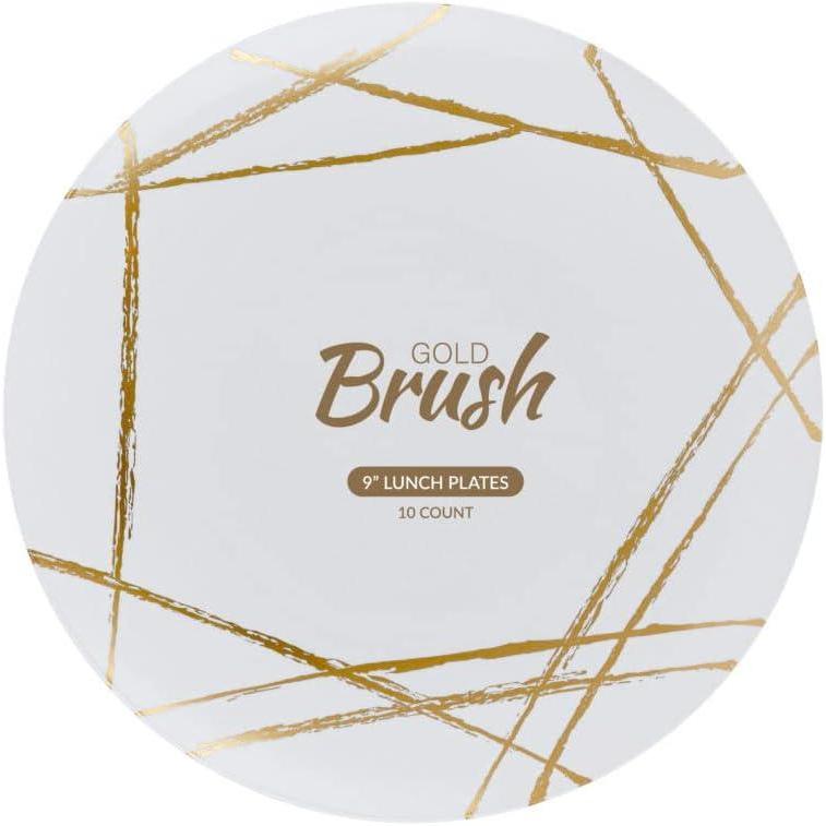 imagePARTY BARGAINS 9 Brush Strokes Collection Lunch Plates 10 Pack White PlateGold Brush Disposable Plastic Tableware Plates for Birthday Parties Banquet Formal Events