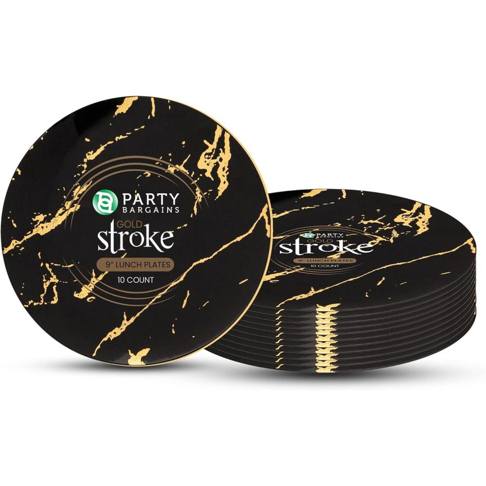 imagePARTY BARGAINS 9 Gold Stroke Collection Disposable Lunch Plates 10 Pack Black Plastic Table Setting Plates Excellent Dinnerware for Banquet Formal Events