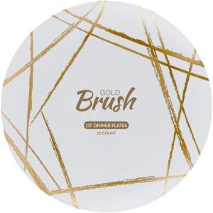 PARTY BARGAINS 10″ Brush Strokes Collection Dinner Plates, 20 Pack, White Plate/Gold Brush, Disposable Plastic Tableware Plates for Birthday, Parties, Banquet, Formal Events