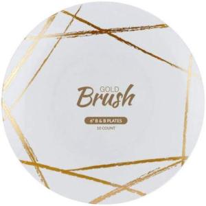 PARTY BARGAINS 6″ Brush Strokes Collection Bread n Butter Plates, 20 Pack, White Plate/Gold Brush, Disposable Plastic Tableware Plates for Birthday, Parties, Banquet, Formal Events