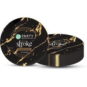 PARTY BARGAINS 6″ Gold Stroke Collection Disposable Bread n Butter Plates, 10 Pack, Black Plastic Table Setting Plates, Excellent Dinnerware for Banquet, Formal Events