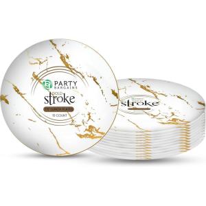 PARTY BARGAINS 7.5″ Gold Stroke Collection Disposable Lunch Plates, 10 Pack, White Plastic Table Setting Plates, Excellent Dinnerware for Banquet, Formal Events