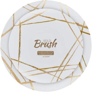 PARTY BARGAINS 7.5″ & 10″ Combo Disposable Brush Strokes Collection Salad & Dinner Plates, 64 Pack, White Plate/Gold Brush, Plastic Dinnerware Plates, Perfect for Banquet, Formal Events