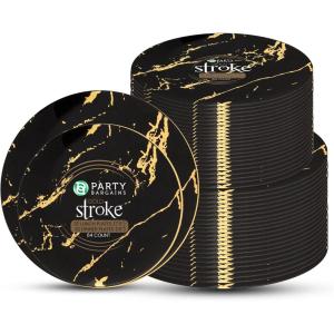 PARTY BARGAINS 7.5″ & 10″ Gold Stroke Collection Disposable Lunch & Dinner Plates Combo, 64 Pack, Black Plastic Table Setting Plates, Excellent Dinnerware for Banquet, Formal Events