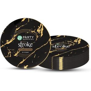 PARTY BARGAINS 9″ Gold Stroke Collection Disposable Lunch Plates, 10 Pack, Black Plastic Table Setting Plates, Excellent Dinnerware for Banquet, Formal Events