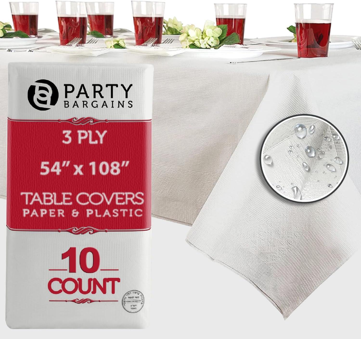 imagePARTY BARGAINS Disposable Table Covers 54 x 108 Inch Purple 3Ply Paper amp Plastic SpillResistant Party Tablecloths 5 PackA White