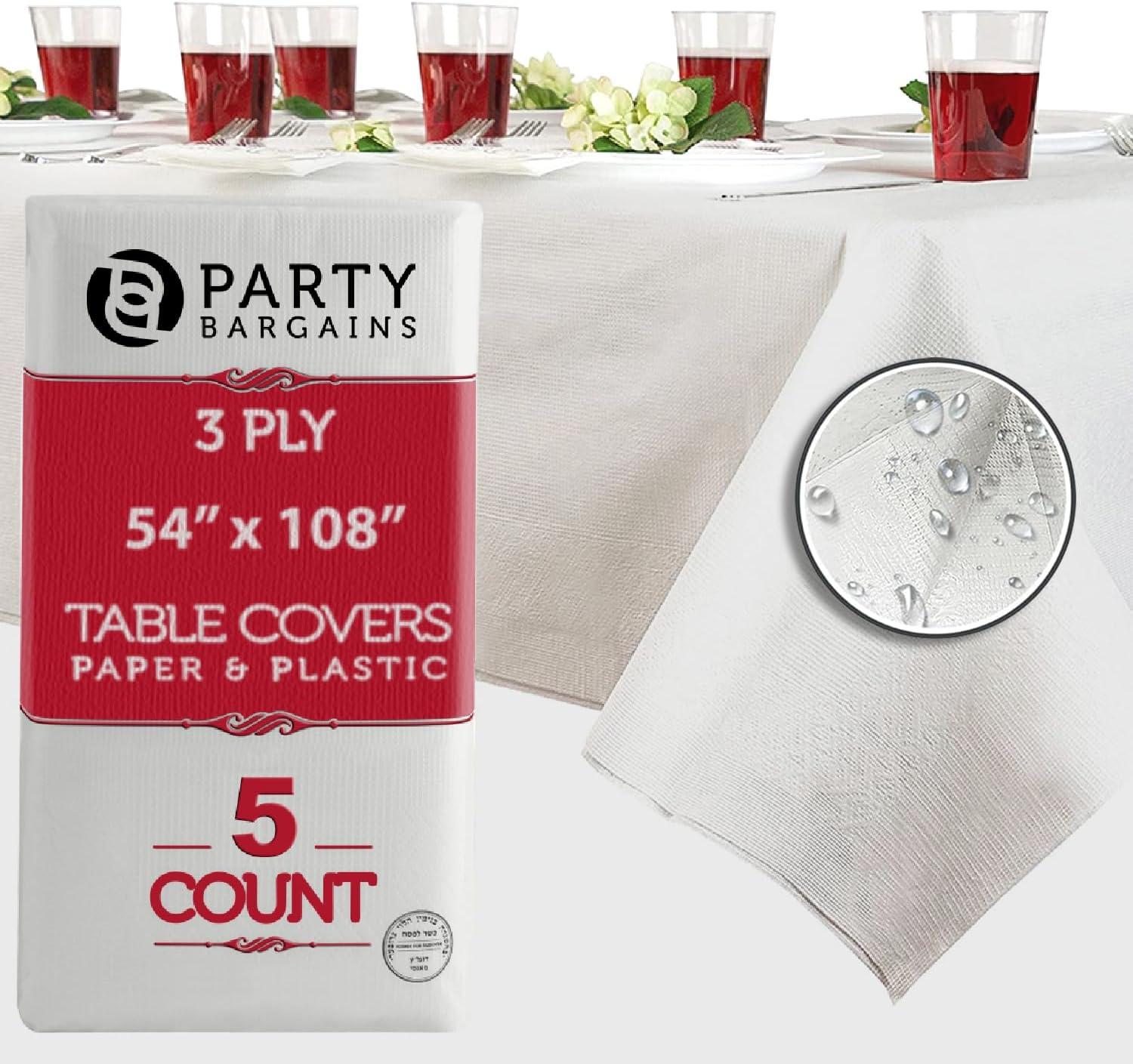 imagePARTY BARGAINS Disposable Table Covers 54 x 108 Inch Purple 3Ply Paper amp Plastic SpillResistant Party Tablecloths 5 PackA White