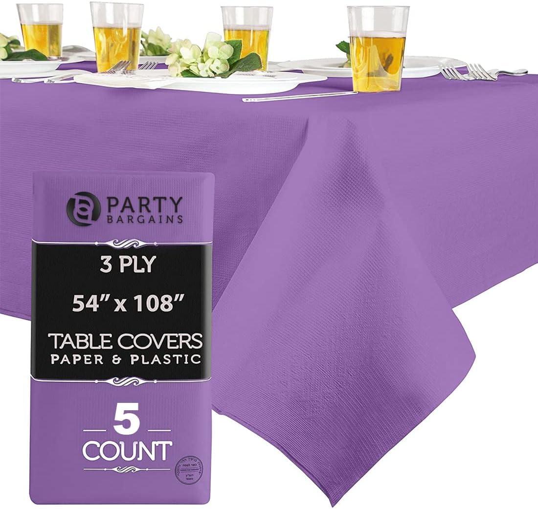imagePARTY BARGAINS Disposable Table Covers 54 x 108 Inch Purple 3Ply Paper amp Plastic SpillResistant Party Tablecloths 5 PackPurple