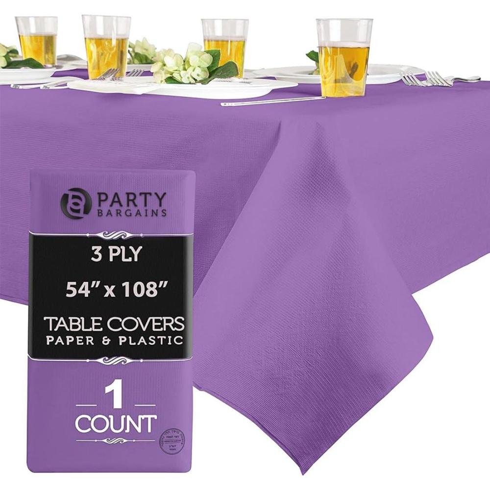 imagePARTY BARGAINS Disposable Table Covers 54 x 108 Inch Purple 3Ply Paper amp Plastic SpillResistant Party Tablecloths 5 PackPurple