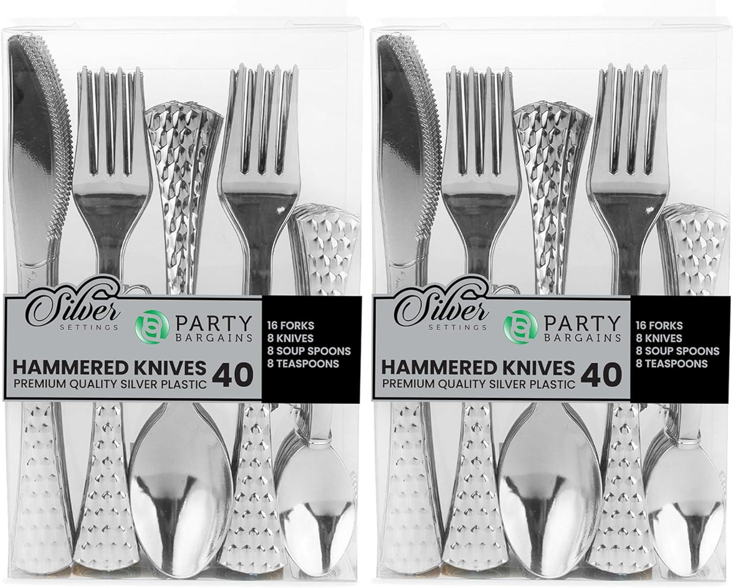 imagePARTY BARGAINS Hammered Gold Plastic Cutlery Set 40Piece Heavy Duty Flatware Utensils Forks Spoons Knives Teaspoons for Parties Events Weddings CateringSilver
