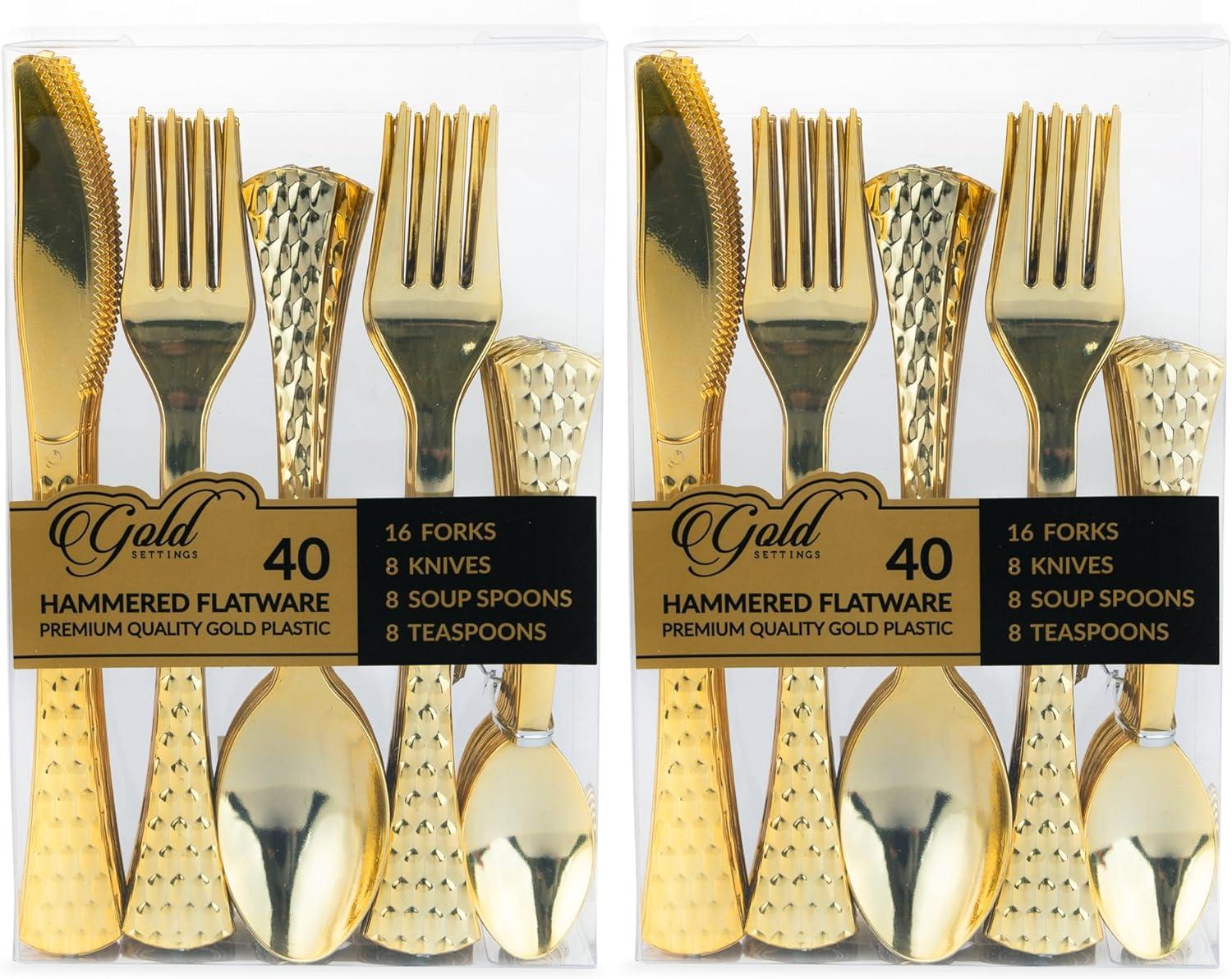 imagePARTY BARGAINS Hammered Gold Plastic Cutlery Set 40Piece Heavy Duty Flatware Utensils Forks Spoons Knives Teaspoons for Parties Events Weddings CateringGold