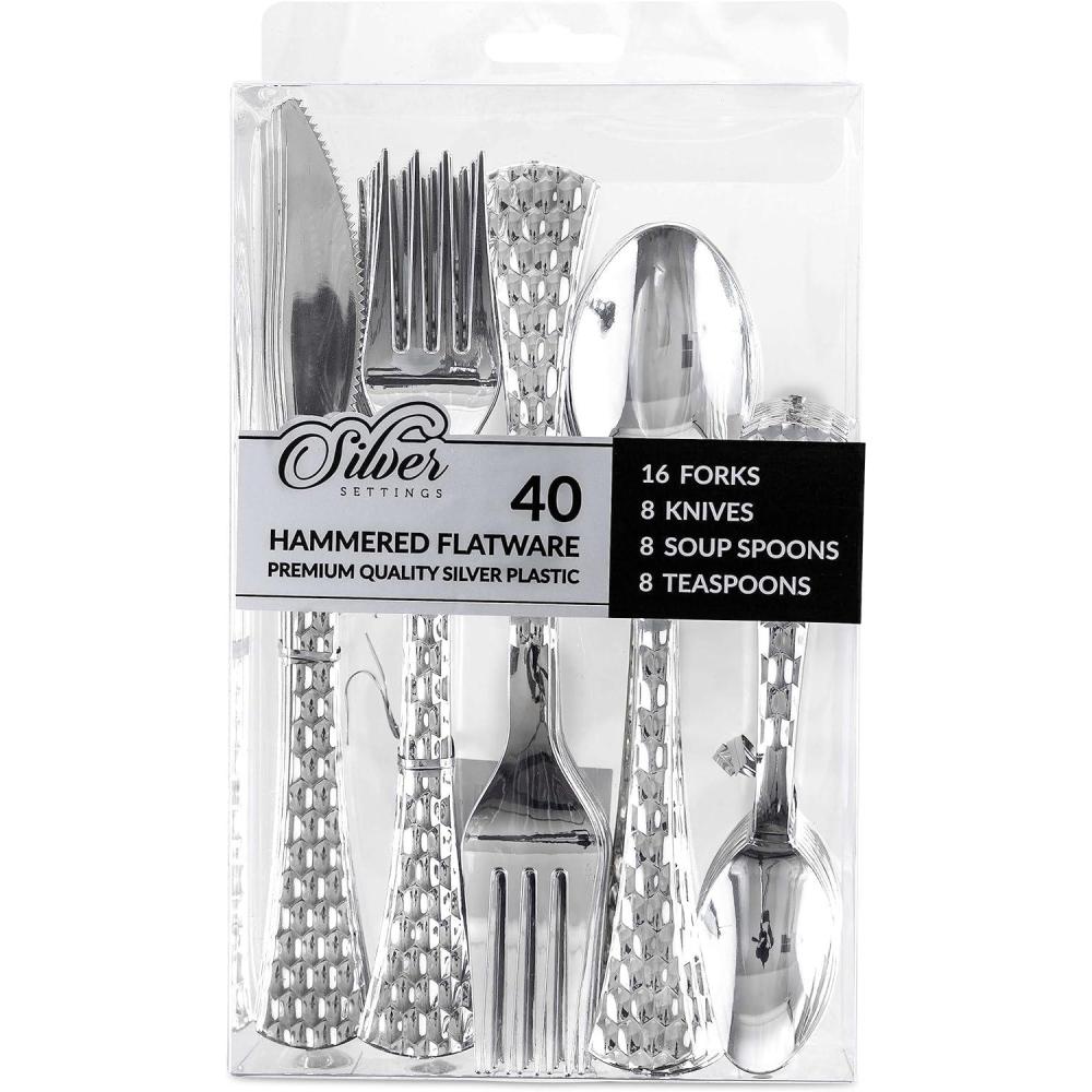 imagePARTY BARGAINS Hammered Gold Plastic Cutlery Set 40Piece  Heavy Duty Flatware Utensils Forks Spoons Knives Teaspoons for Parties Events Weddings CateringSilver