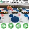 PARTY BARGAINS Hammered Gold Plastic Cutlery Set 40-Piece – Heavy Duty Flatware Utensils Forks Spoons Knives Teaspoons for Parties Events Weddings Catering(Silver)