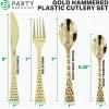 PARTY BARGAINS Hammered Gold Plastic Cutlery Set 40-Piece – Heavy Duty Flatware Utensils Forks Spoons Knives Teaspoons for Parties Events Weddings Catering(Gold)