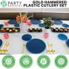 PARTY BARGAINS Hammered Gold Plastic Cutlery Set 40-Piece – Heavy Duty Flatware Utensils Forks Spoons Knives Teaspoons for Parties Events Weddings Catering(Gold)