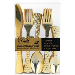 PARTY BARGAINS Hammered Gold Plastic Cutlery Set 40-Piece – Heavy Duty Flatware Utensils Forks Spoons Knives Teaspoons for Parties Events Weddings Catering(Gold)