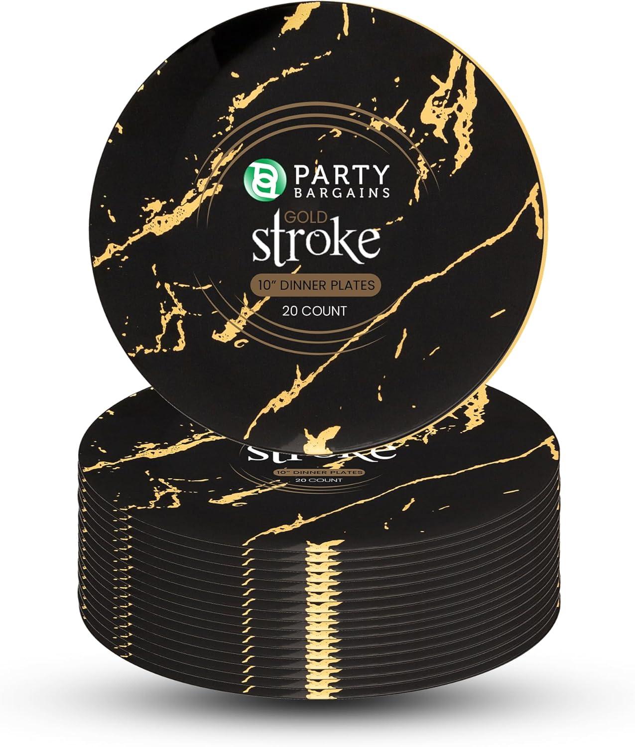 imagePARTY BARGAINS 10 Gold Stroke Collection Disposable Dinner Plates 20 Pack Black Plastic Table Setting Plates Excellent Dinnerware for Banquet Formal Events