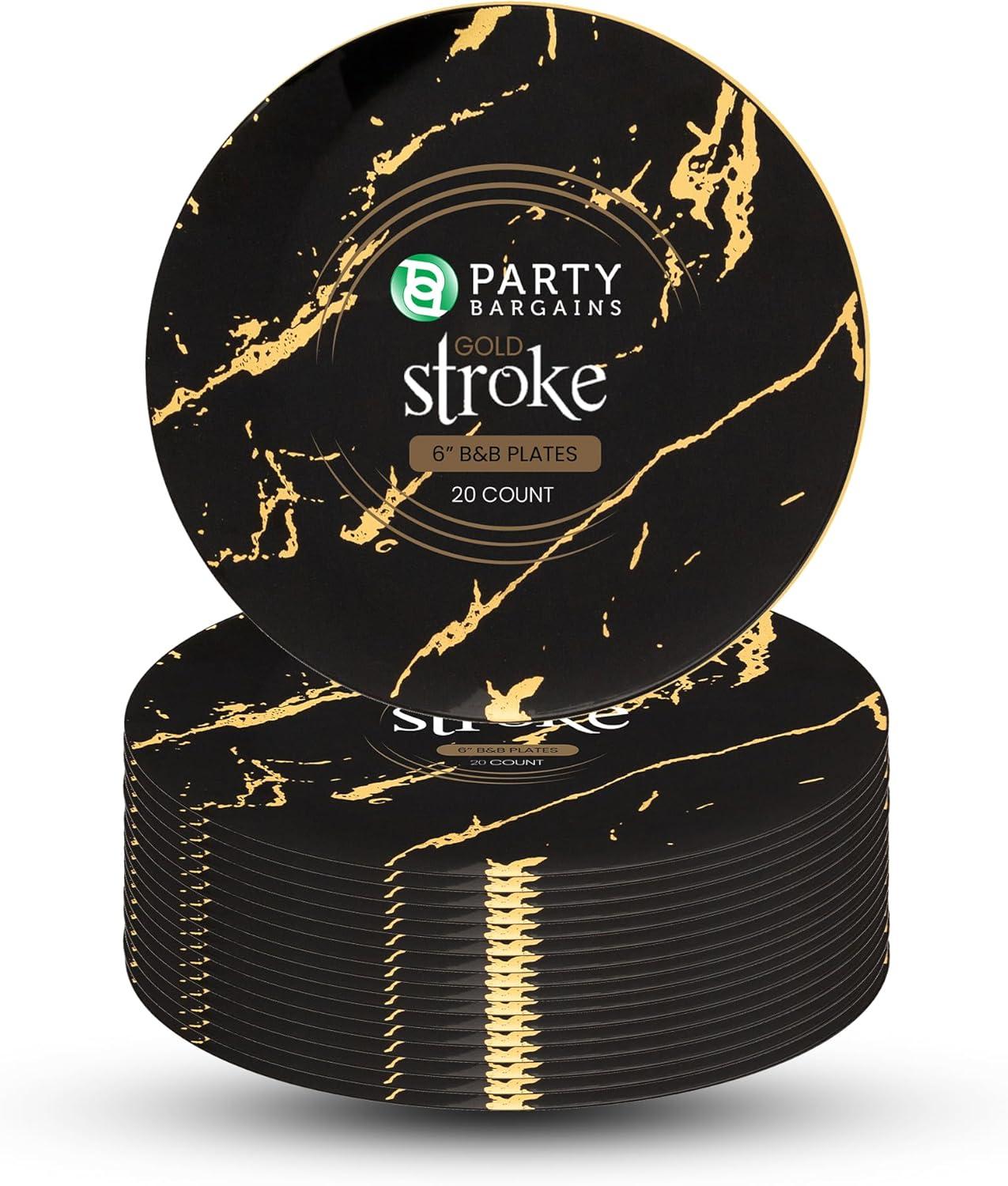 imagePARTY BARGAINS 6 Gold Stroke Collection Disposable Bread n Butter Plates 20 Pack Black Plastic Table Setting Plates Excellent Dinnerware for Banquet Formal Events