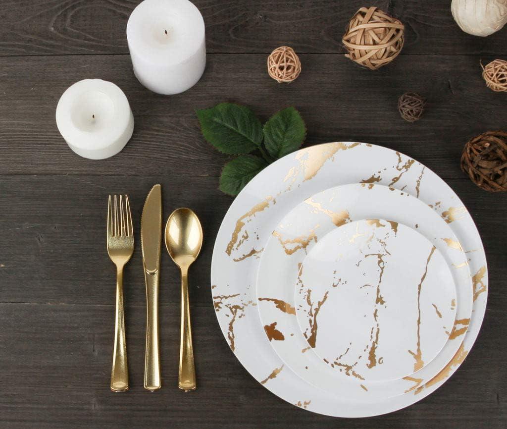 imagePARTY BARGAINS 6 Gold Stroke Collection Disposable Lunch Plates 10 Pack White Plastic Table Setting Plates Excellent Dinnerware for Banquet Formal Events