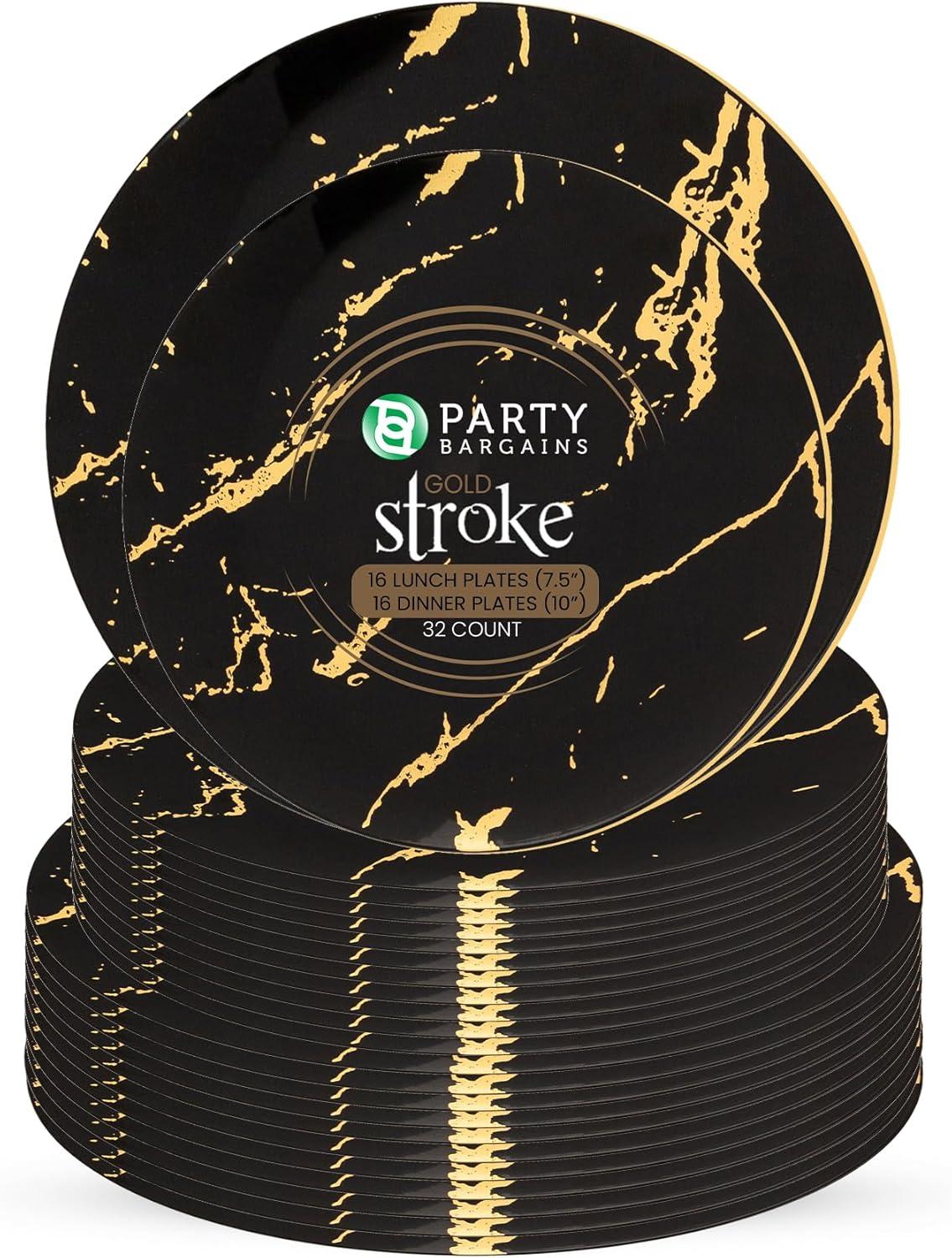 imagePARTY BARGAINS 75 amp 10 Gold Stroke Collection Disposable Lunch amp Dinner Plates Combo 32 Pack Black Plastic Table Setting Plates Excellent Dinnerware for Banquet Formal Events