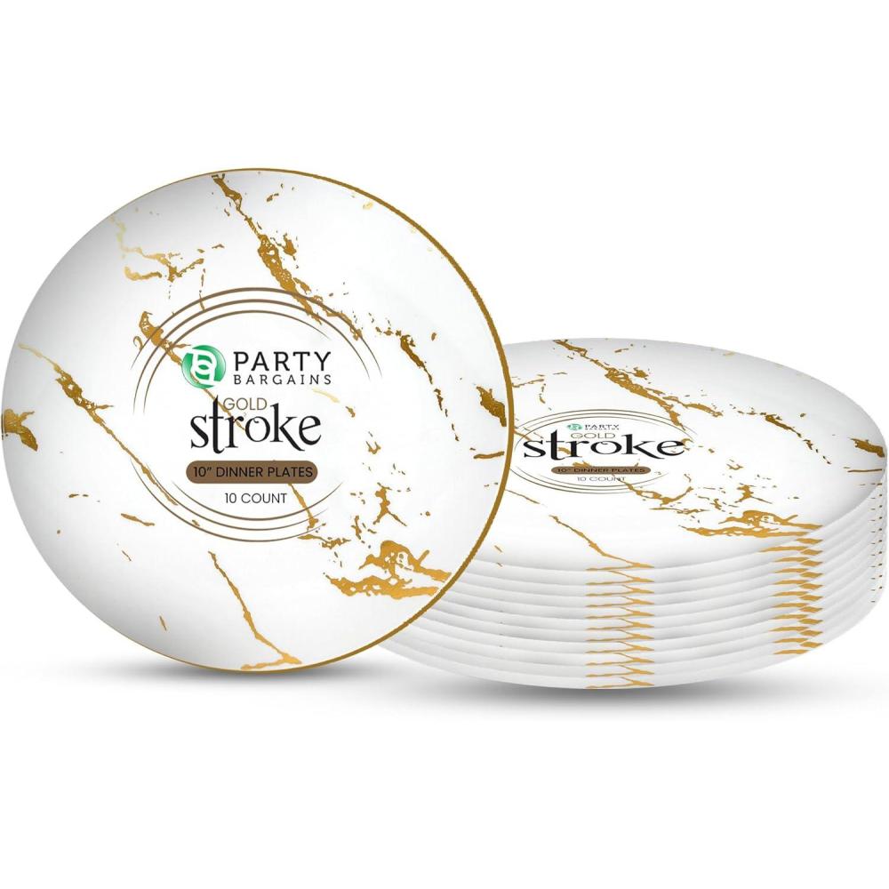imagePARTY BARGAINS 10 Gold Stroke Collection Disposable Dinner Plates 10 Pack White Plastic Table Setting Plates Excellent Dinnerware for Banquet Formal Events