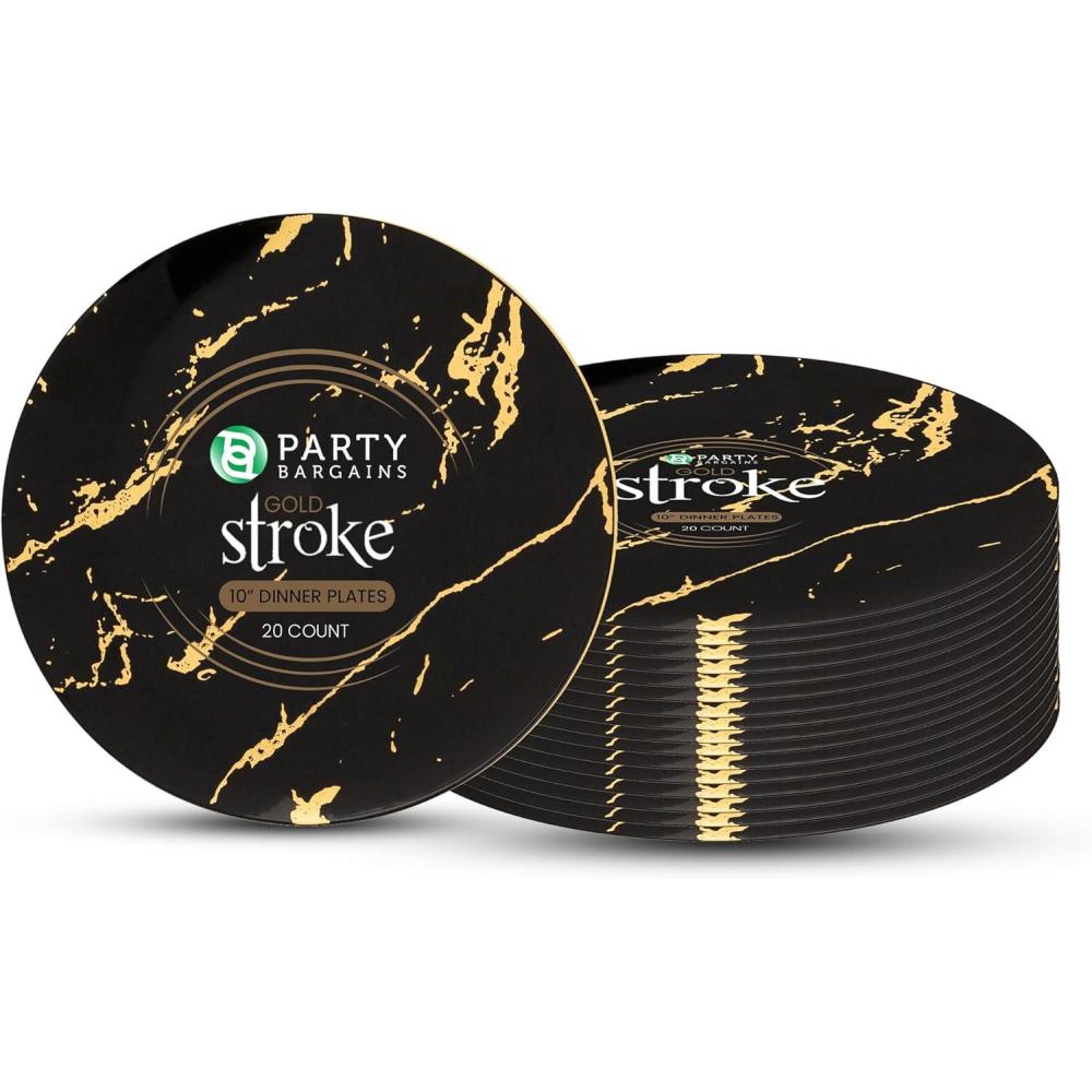 imagePARTY BARGAINS 10 Gold Stroke Collection Disposable Dinner Plates 20 Pack Black Plastic Table Setting Plates Excellent Dinnerware for Banquet Formal Events
