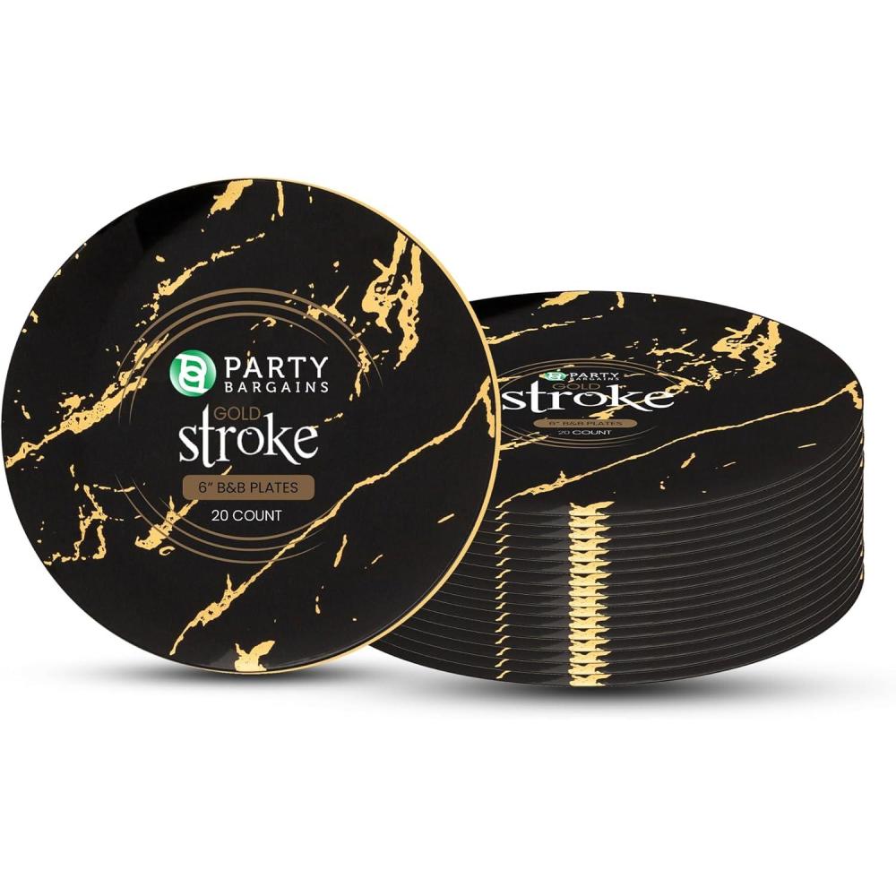 imagePARTY BARGAINS 6 Gold Stroke Collection Disposable Bread n Butter Plates 20 Pack Black Plastic Table Setting Plates Excellent Dinnerware for Banquet Formal Events