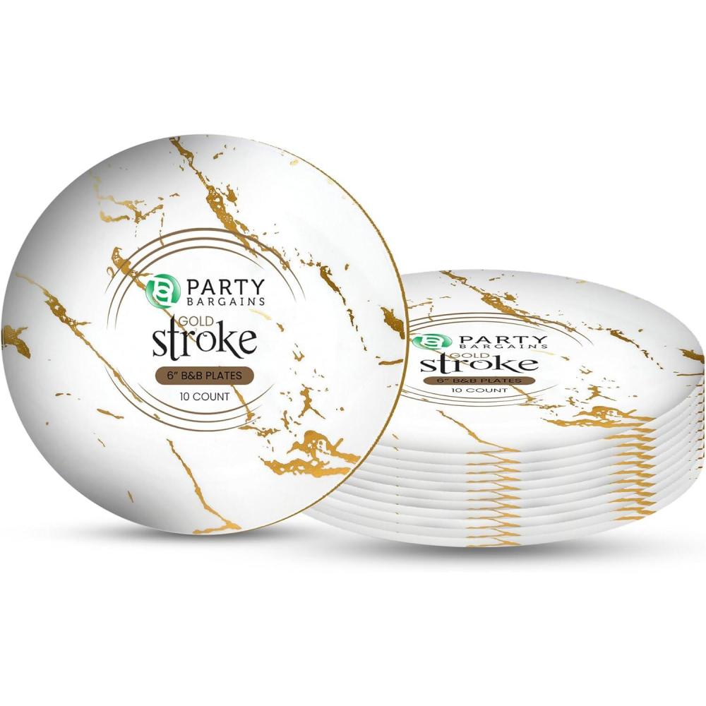 imagePARTY BARGAINS 6 Gold Stroke Collection Disposable Lunch Plates 10 Pack White Plastic Table Setting Plates Excellent Dinnerware for Banquet Formal Events