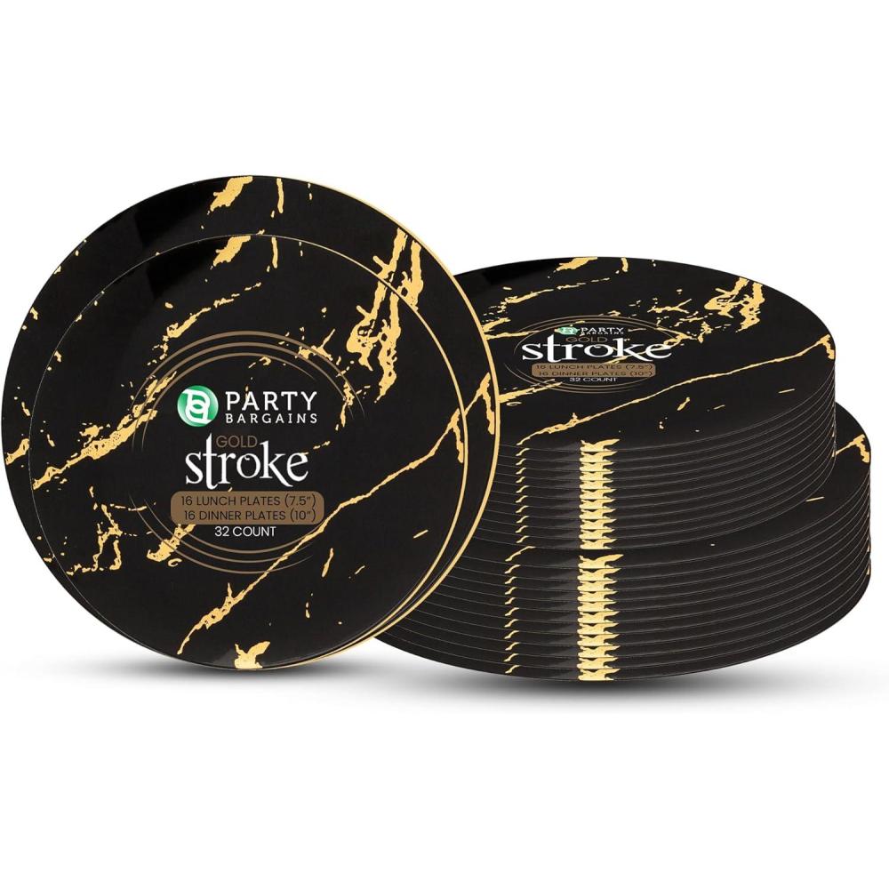 imagePARTY BARGAINS 75 amp 10 Gold Stroke Collection Disposable Lunch amp Dinner Plates Combo 32 Pack Black Plastic Table Setting Plates Excellent Dinnerware for Banquet Formal Events