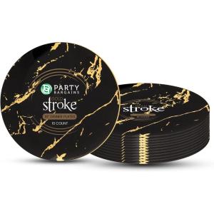 PARTY BARGAINS 10″ Gold Stroke Collection Disposable Dinner Plates, 10 Pack, Black Plastic Table Setting Plates, Excellent Dinnerware for Banquet, Formal Events