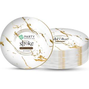 PARTY BARGAINS 10″ Gold Stroke Collection Disposable Dinner Plates, 20 Pack, White Plastic Table Setting Plates, Excellent Dinnerware for Banquet, Formal Events