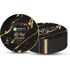PARTY BARGAINS 6″ Gold Stroke Collection Disposable Bread n Butter Plates, 20 Pack, Black Plastic Table Setting Plates, Excellent Dinnerware for Banquet, Formal Events