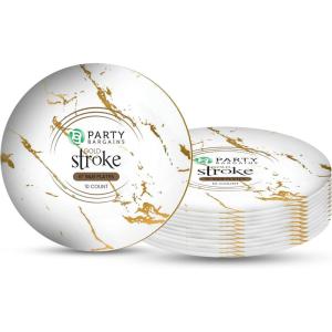 PARTY BARGAINS 6″ Gold Stroke Collection Disposable Lunch Plates, 10 Pack, White Plastic Table Setting Plates, Excellent Dinnerware for Banquet, Formal Events