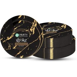 PARTY BARGAINS 7.5″ & 10″ Gold Stroke Collection Disposable Lunch & Dinner Plates Combo, 32 Pack, Black Plastic Table Setting Plates, Excellent Dinnerware for Banquet, Formal Events