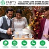PARTY BARGAINS 8 oz China Like White Silver Rimmed Plastic Coffee Cups with Handles – [32 Pack] Disposable Plastic White Tea Cups, for Weddings, Bridal Showers, Engagement Parties, Camping
