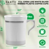 PARTY BARGAINS 8 oz China Like White Silver Rimmed Plastic Coffee Cups with Handles – [8 Pack] Disposable Plastic White Tea Cups, for Weddings, Bridal Showers, Engagement Parties, Camping