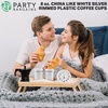 PARTY BARGAINS 8 oz China Like White Silver Rimmed Plastic Coffee Cups with Handles – [8 Pack] Disposable Plastic White Tea Cups, for Weddings, Bridal Showers, Engagement Parties, Camping
