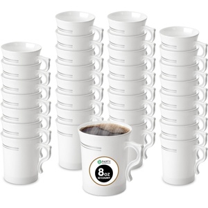 PARTY BARGAINS 8 oz China Like White Silver Rimmed Plastic Coffee Cups with Handles – [32 Pack] Disposable Plastic White Tea Cups, for Weddings, Bridal Showers, Engagement Parties, Camping