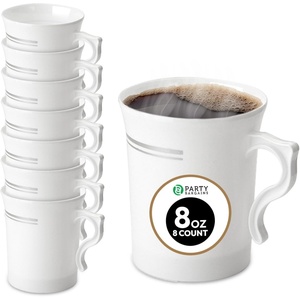 PARTY BARGAINS 8 oz China Like White Silver Rimmed Plastic Coffee Cups with Handles – [8 Pack] Disposable Plastic White Tea Cups, for Weddings, Bridal Showers, Engagement Parties, Camping