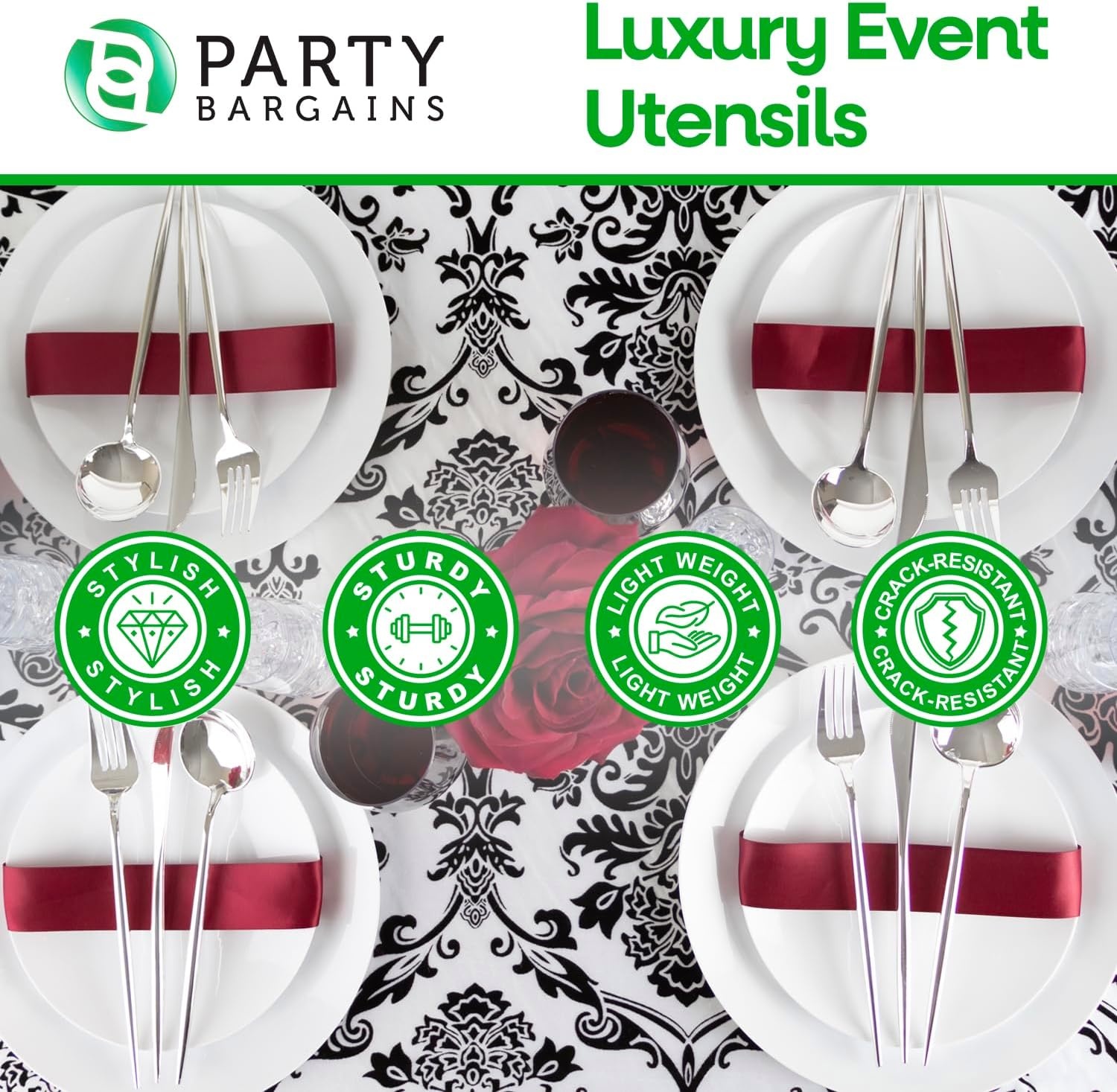 image:imagePARTY BARGAINS Disposable Plastic Flatware Knife Utensils 32 Pack Silver Novelty Modern Design Kitchen Silverware Cutlery Excellent Use for Household Dinner Parties Buffet Catering