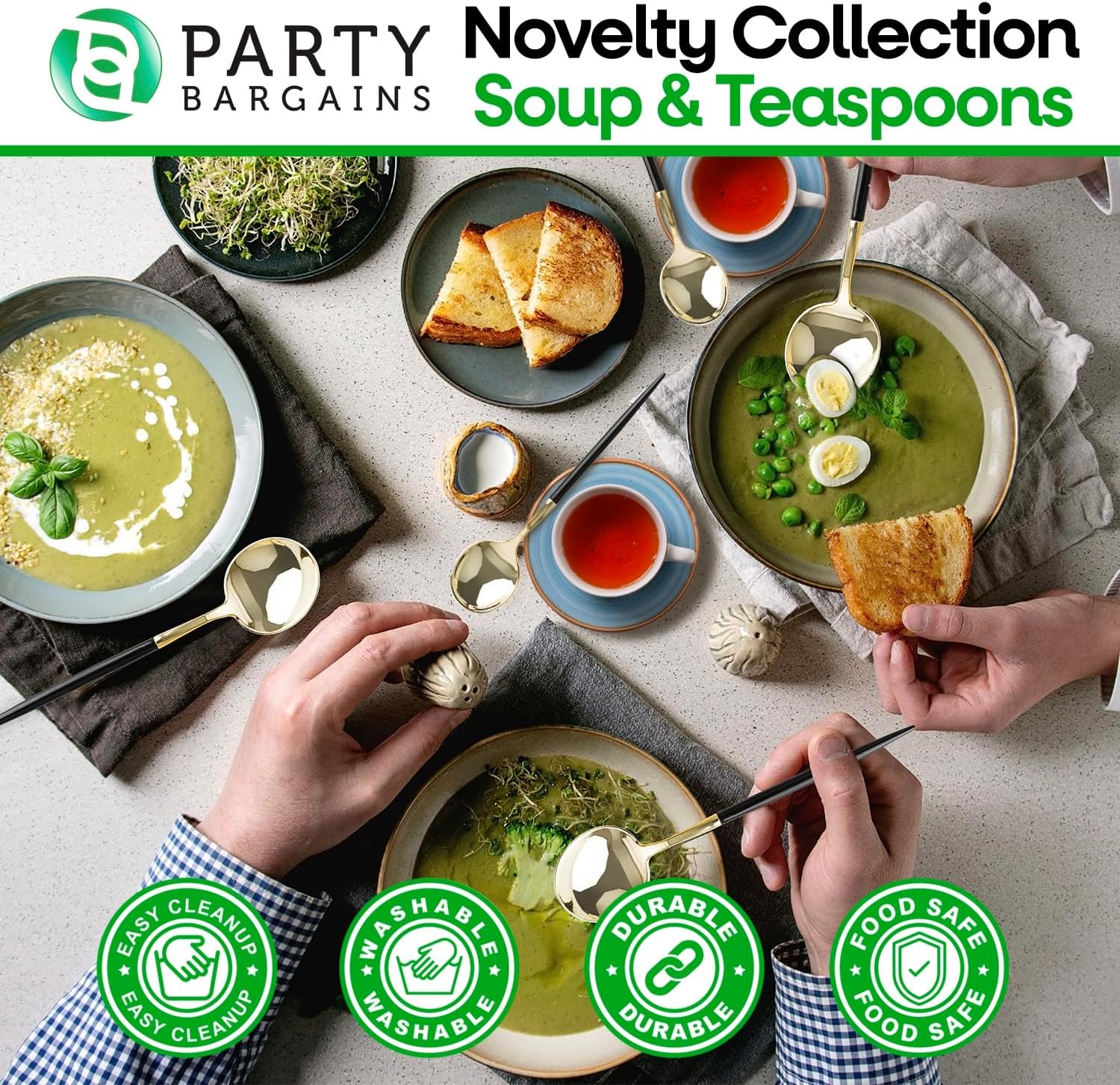 image:imageParty Bargains Disposable Plastic Flatware Teaspoon Utensils 32 Pack Black Gold Novelty Modern Design Kitchen Silverware Cutlery Excellent Use for Household Dinner Parties Buffet Catering