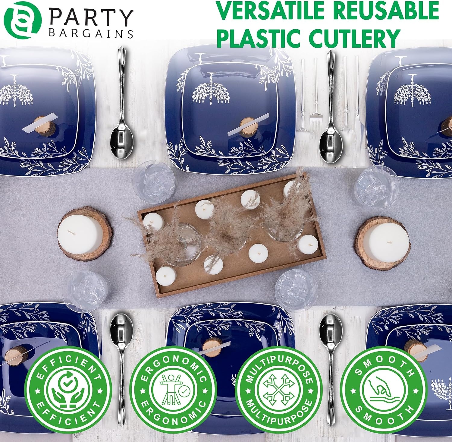 image:imageParty Bargains Disposable Upscale Collection Soup Spoons 20 Count Silver Plastic Flatware Cutlery Utensils Excellent for Birthdays Parties Buffets Catering Service Formal Events